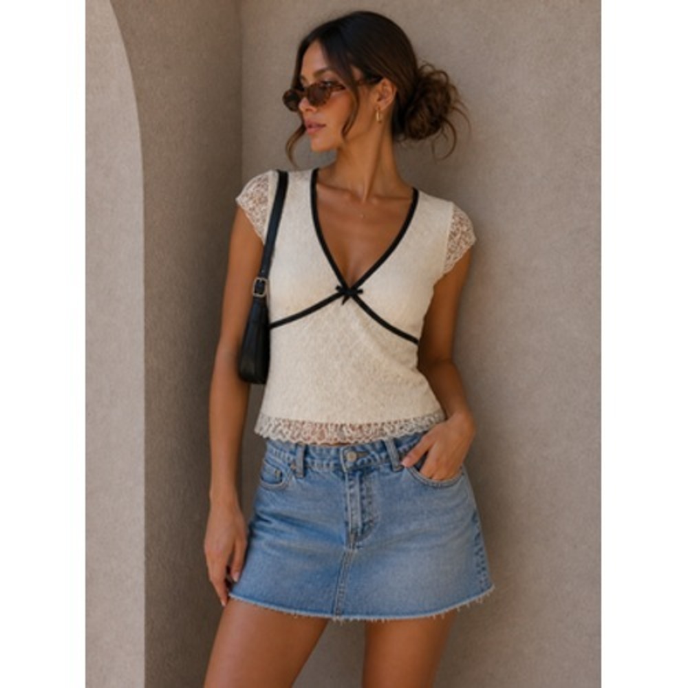 Y2K Babydoll Lace Top Womens Medium Cream V Neck Bow 90s Soft Girl Cap Sleeve